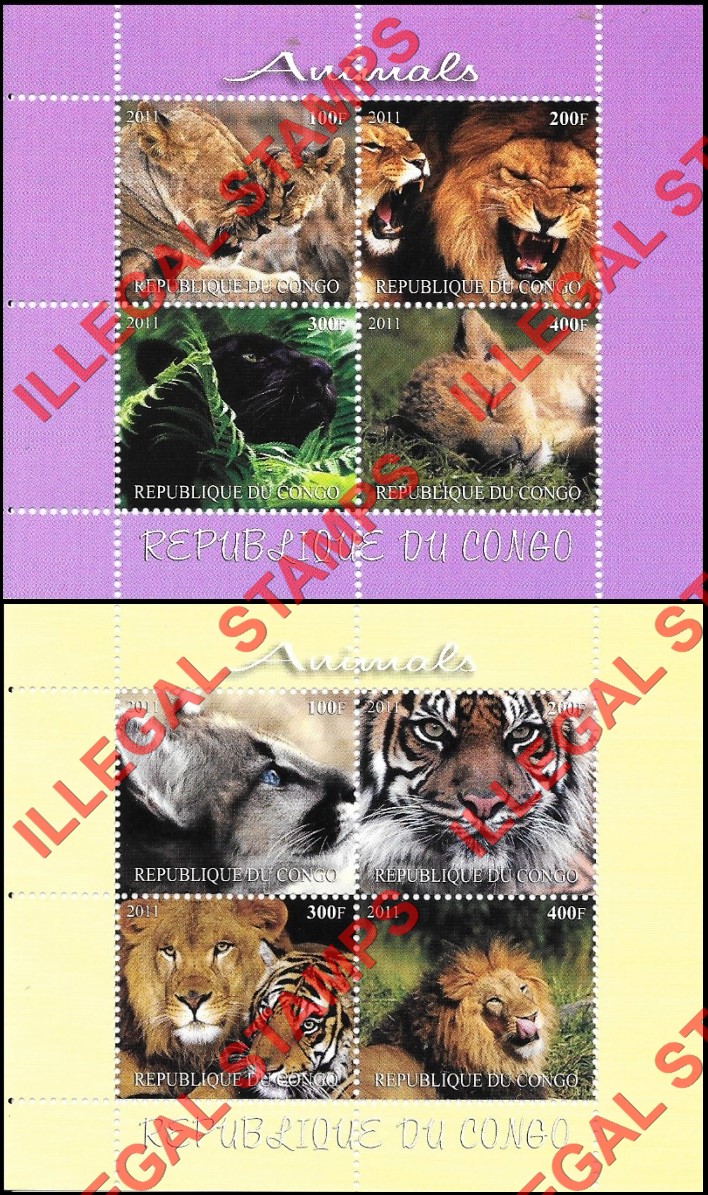 Congo Republic 2011 Animals Illegal Stamp Souvenir Sheets of 4 Congo Republic 2011 Animals Illegal Stamp Souvenir Sheets of 4