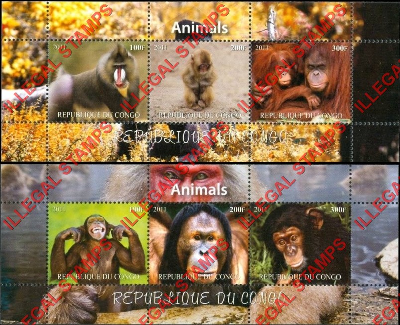 Congo Republic 2011 Animals Illegal Stamp Souvenir Sheets of 3 Congo Republic 2011 Animals Illegal Stamp Souvenir Sheets of 3