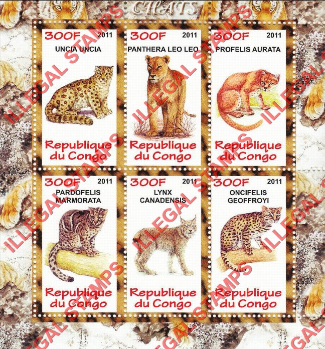 Congo Republic 2011 Big Cats Illegal Stamp Souvenir Sheet of 6 Congo Republic 2011 Big Cats Illegal Stamp Souvenir Sheet of 6