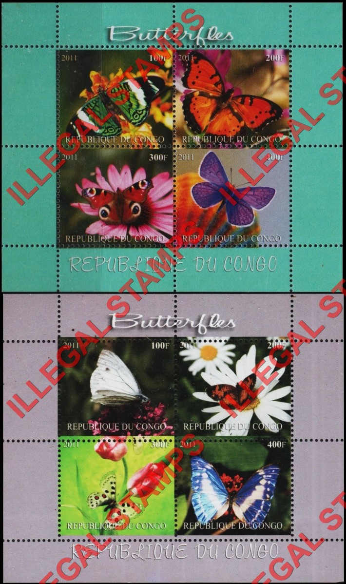 Congo Republic 2011 Butterflies Illegal Stamp Souvenir Sheets of 4 (Part 1) Congo Republic 2011 Butterflies Illegal Stamp Souvenir Sheets of 4 (Part 1)