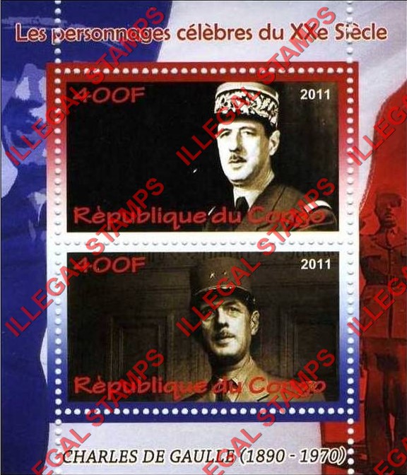 Congo Republic 2011 Charles de Gaulle Illegal Stamp Souvenir Sheet of 2 Congo Republic 2011 Charles de Gaulle Illegal Stamp Souvenir Sheet of 2