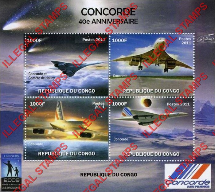 Congo Republic 2011 Concorde Illegal Stamp Souvenir Sheet of 4 Congo Republic 2011 Concorde Illegal Stamp Souvenir Sheet of 4