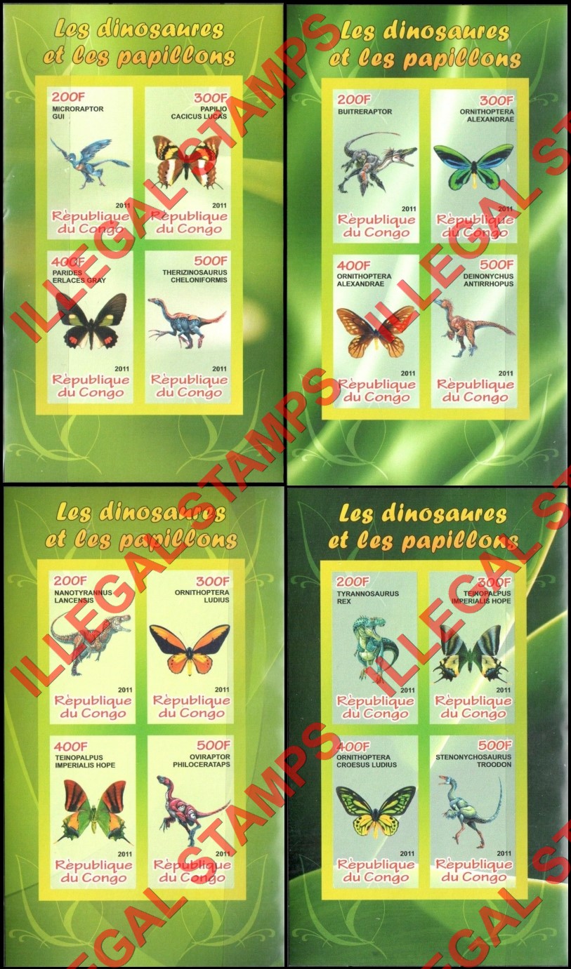 Congo Republic 2011 Dinosaurs and Butterflies Illegal Stamp Souvenir Sheets of 4 Congo Republic 2011 Dinosaurs and Butterflies Illegal Stamp Souvenir Sheets of 4