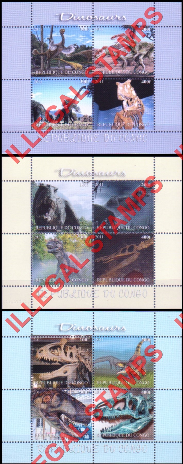 Congo Republic 2011 Dinosaurs Illegal Stamp Souvenir Sheets of 4 Congo Republic 2011 Dinosaurs Illegal Stamp Souvenir Sheets of 4
