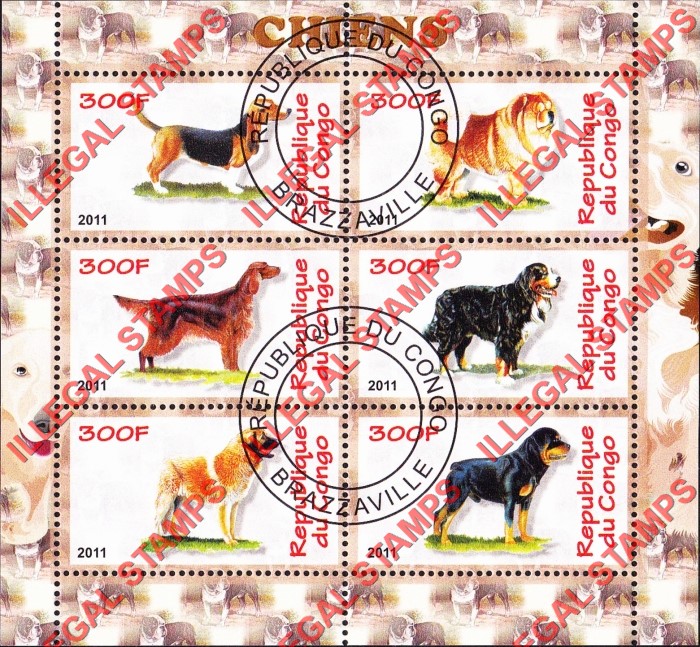 Congo Republic 2011 Dogs Illegal Stamp Souvenir Sheet of 6 Congo Republic 2011 Dogs Illegal Stamp Souvenir Sheet of 6