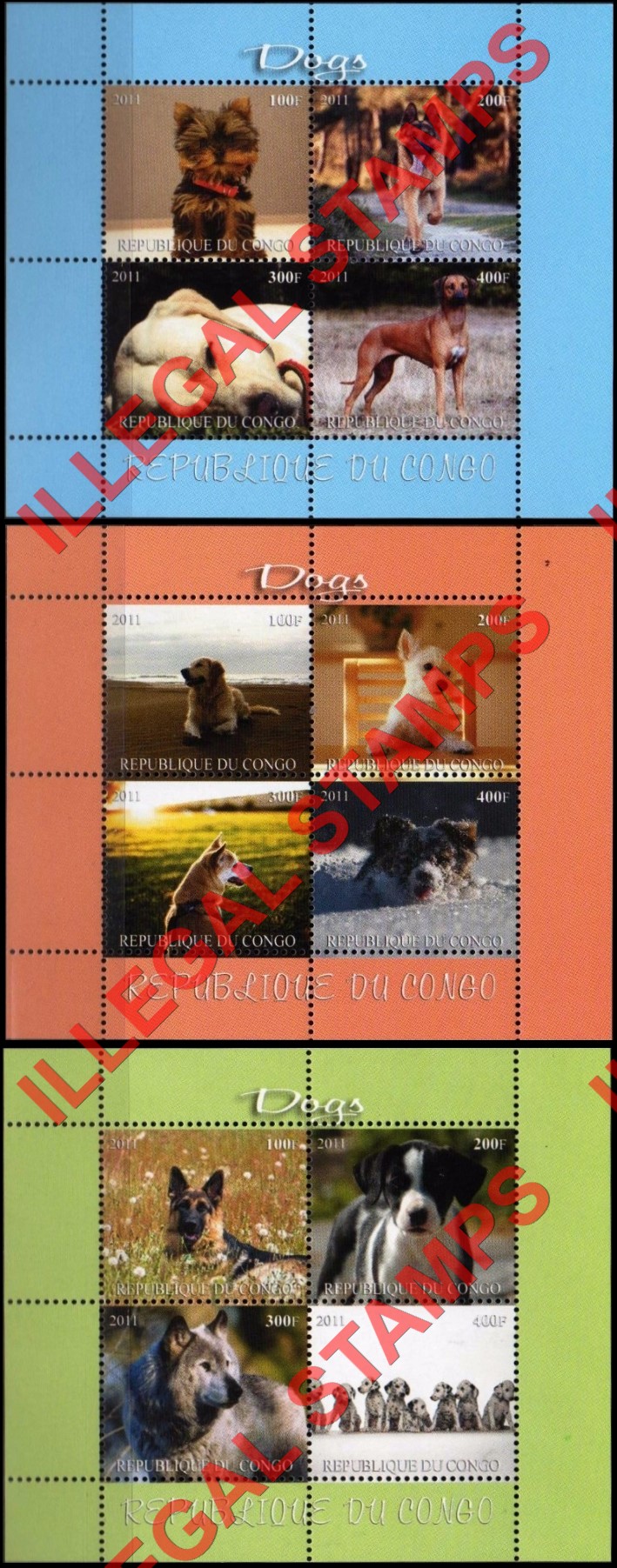Congo Republic 2011 Dogs Illegal Stamp Souvenir Sheets of 4 Congo Republic 2011 Dogs Illegal Stamp Souvenir Sheets of 4