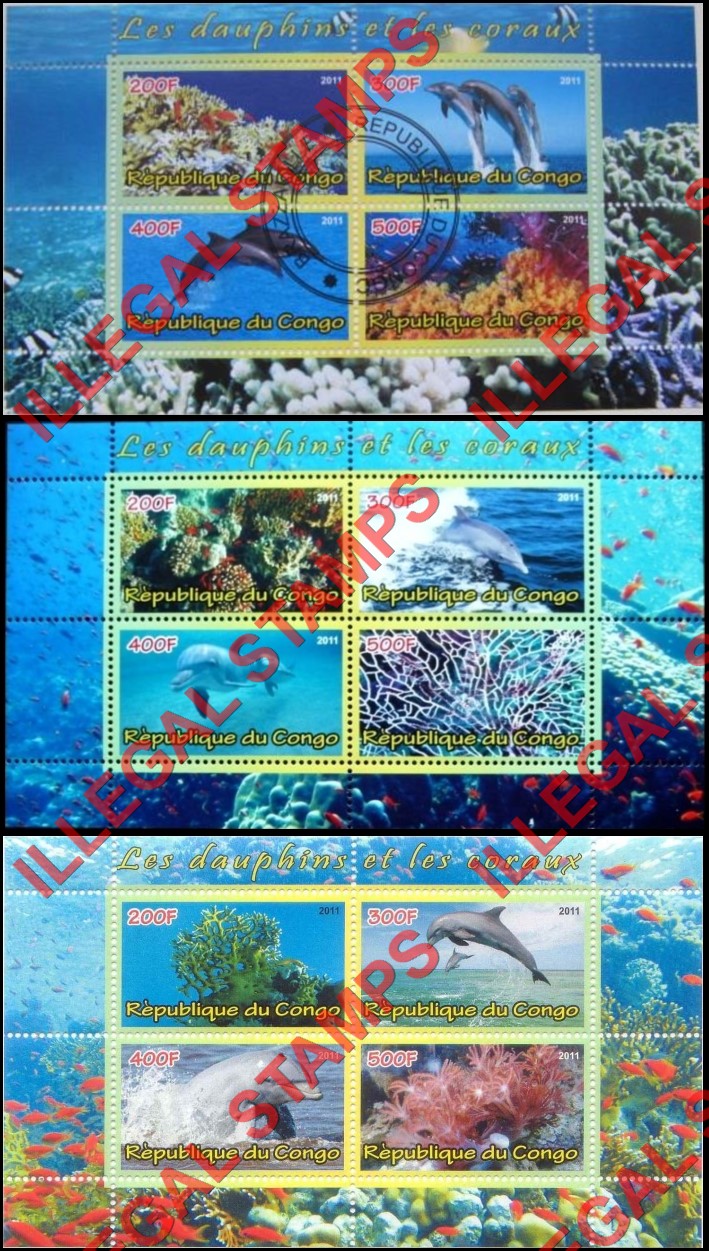 Congo Republic 2011 Dolphins and Coral Illegal Stamp Souvenir Sheets of 4 Congo Republic 2011 Dolphins and Coral Illegal Stamp Souvenir Sheets of 4