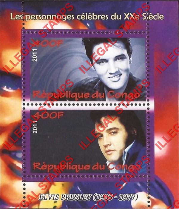 Congo Republic 2011 Elvis Presley Illegal Stamp Souvenir Sheet of 2 Congo Republic 2011 Elvis Presley Illegal Stamp Souvenir Sheet of 2
