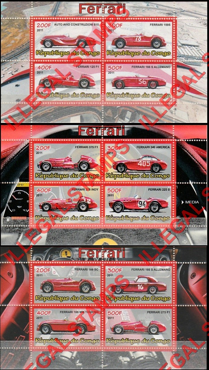 Congo Republic 2011 Ferrari Illegal Stamp Souvenir Sheets of 4 Congo Republic 2011 Ferrari Illegal Stamp Souvenir Sheets of 4