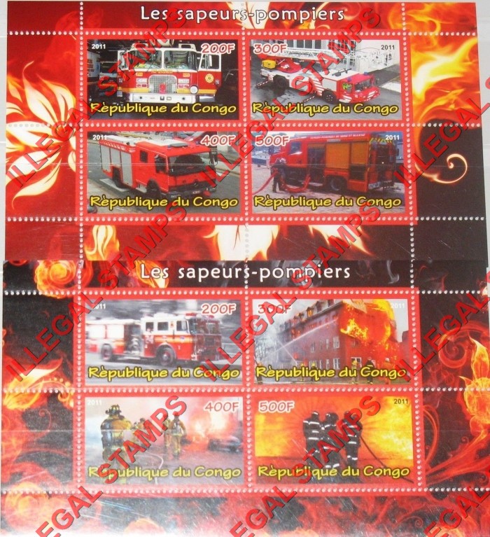 Congo Republic 2011 Fire Engines Illegal Stamp Souvenir Sheets of 4 Congo Republic 2011 Fire Engines Illegal Stamp Souvenir Sheets of 4