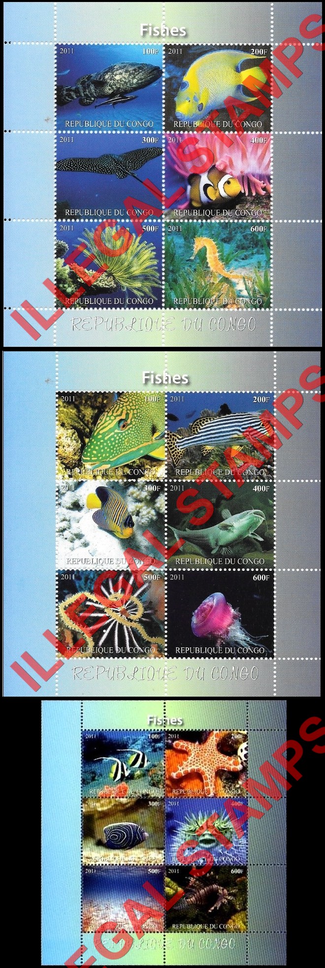 Congo Republic 2011 Fish Illegal Stamp Souvenir Sheets of 6 Congo Republic 2011 Fish Illegal Stamp Souvenir Sheets of 6
