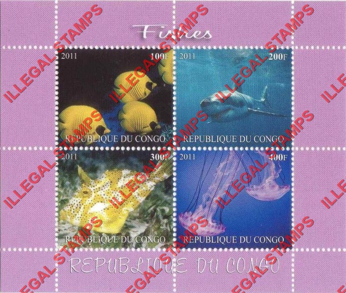 Congo Republic 2011 Fish Illegal Stamp Souvenir Sheet of 4 Congo Republic 2011 Fish Illegal Stamp Souvenir Sheet of 4