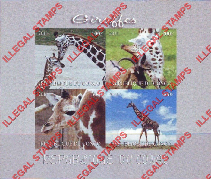 Congo Republic 2011 Giraffes Illegal Stamp Souvenir Sheet of 4 Congo Republic 2011 Giraffes Illegal Stamp Souvenir Sheet of 4