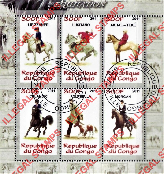 Congo Republic 2011 Horses Equitation Illegal Stamp Souvenir Sheet of 6 Congo Republic 2011 Horses Equitation Illegal Stamp Souvenir Sheet of 6