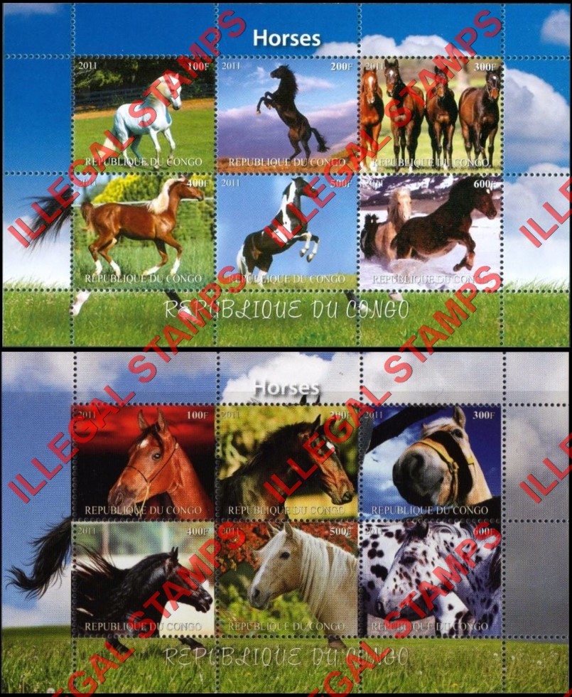 Congo Republic 2011 Horses Illegal Stamp Souvenir Sheets of 6 Congo Republic 2011 Horses Illegal Stamp Souvenir Sheets of 6