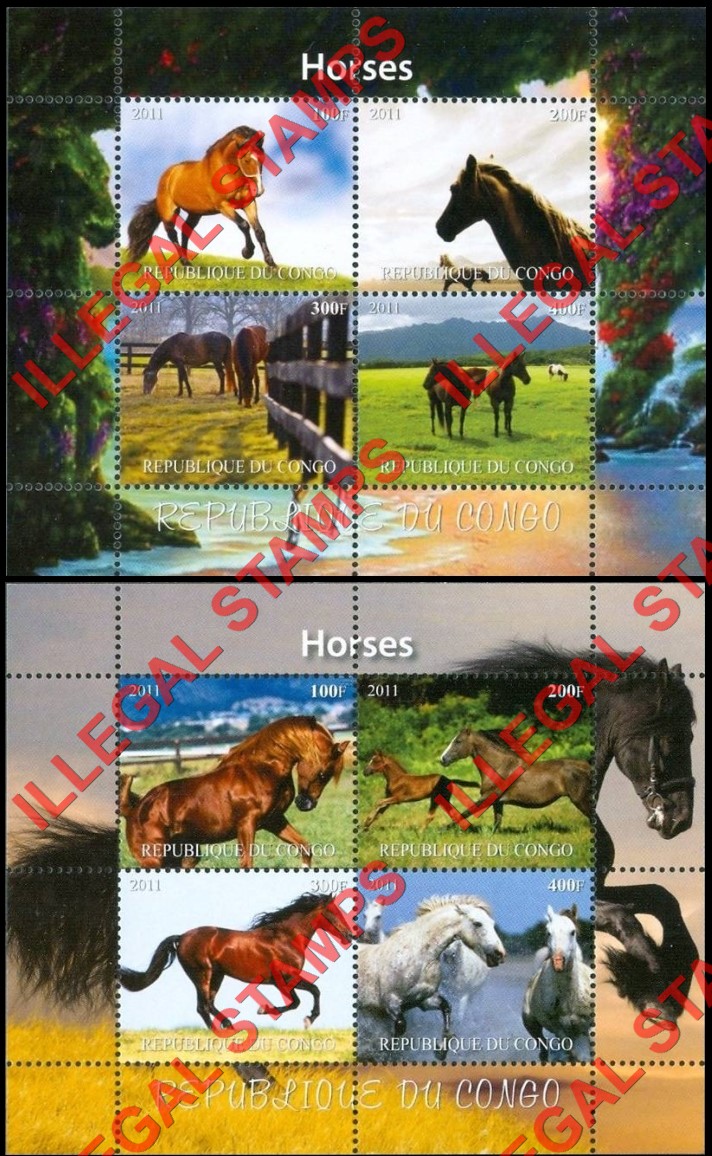 Congo Republic 2011 Horses Illegal Stamp Souvenir Sheets of 4 (Part 1) Congo Republic 2011 Horses Illegal Stamp Souvenir Sheets of 4 (Part 1)