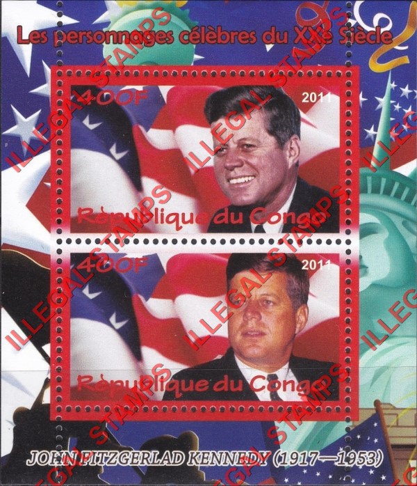 Congo Republic 2011 John F. Kennedy Illegal Stamp Souvenir Sheet of 2 Congo Republic 2011 John F. Kennedy Illegal Stamp Souvenir Sheet of 2