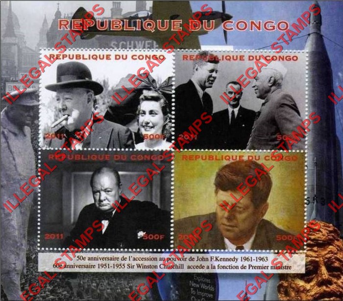 Congo Republic 2011 Kennedy and Churchill Illegal Stamp Souvenir Sheet of 4 Congo Republic 2011 Kennedy and Churchill Illegal Stamp Souvenir Sheet of 4