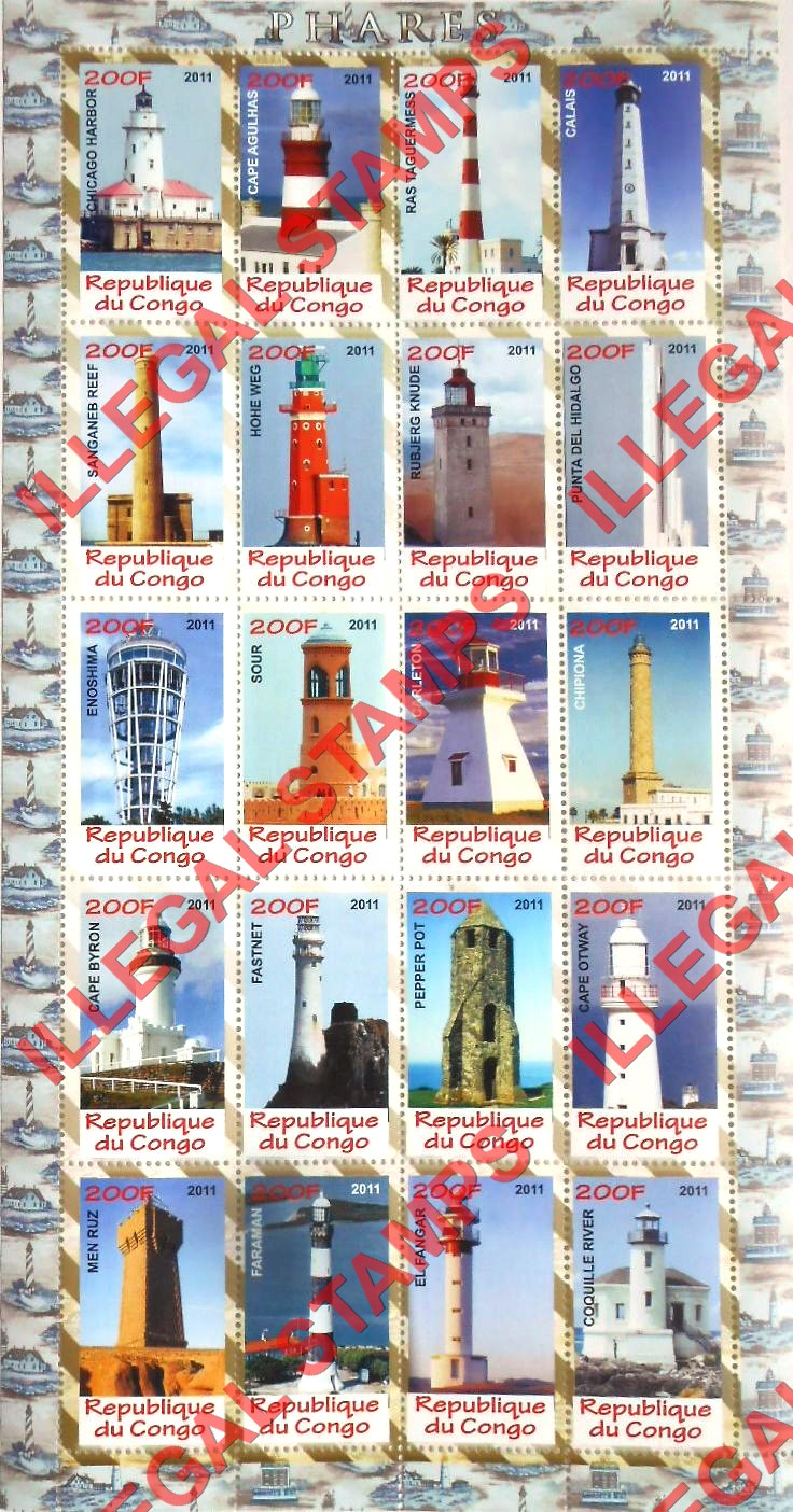 Congo Republic 2011 Lighthouses Illegal Stamp Sheet of 20 Congo Republic 2011 Lighthouses Illegal Stamp Sheet of 20