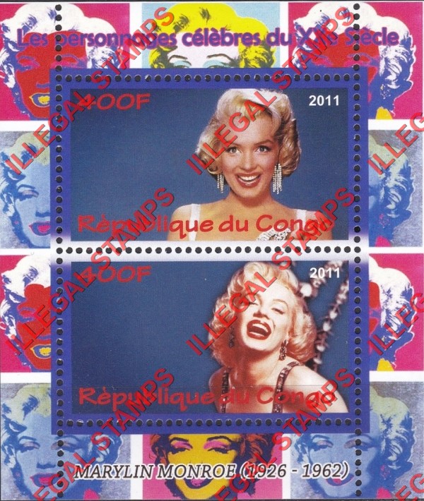 Congo Republic 2011 Marilyn Monroe Illegal Stamp Souvenir Sheet of 2 Congo Republic 2011 Marilyn Monroe Illegal Stamp Souvenir Sheet of 2