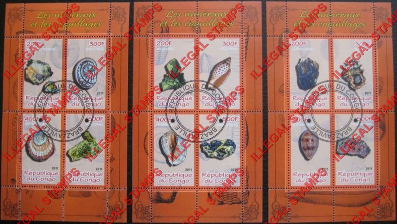 Congo Republic 2011 Minerals and Shells Illegal Stamp Souvenir Sheets of 4 Congo Republic 2011 Minerals and Shells Illegal Stamp Souvenir Sheets of 4
