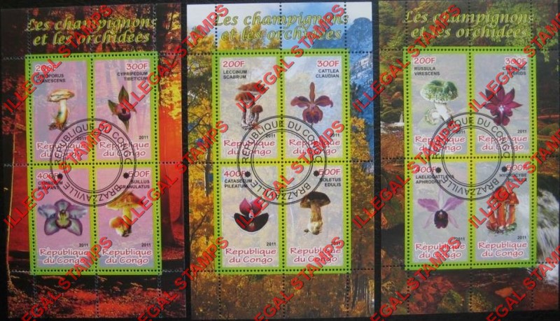 Congo Republic 2011 Mushrooms and Orchids Illegal Stamp Souvenir Sheets of 4 Congo Republic 2011 Mushrooms and Orchids Illegal Stamp Souvenir Sheets of 4
