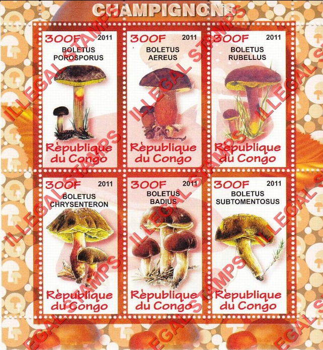 Congo Republic 2011 Mushrooms Illegal Stamp Souvenir Sheet of 6 Congo Republic 2011 Mushrooms Illegal Stamp Souvenir Sheet of 6