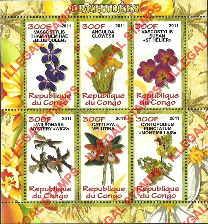 Congo Republic 2011 Orchids Illegal Stamp Souvenir Sheet of 6 Congo Republic 2011 Orchids Illegal Stamp Souvenir Sheet of 6