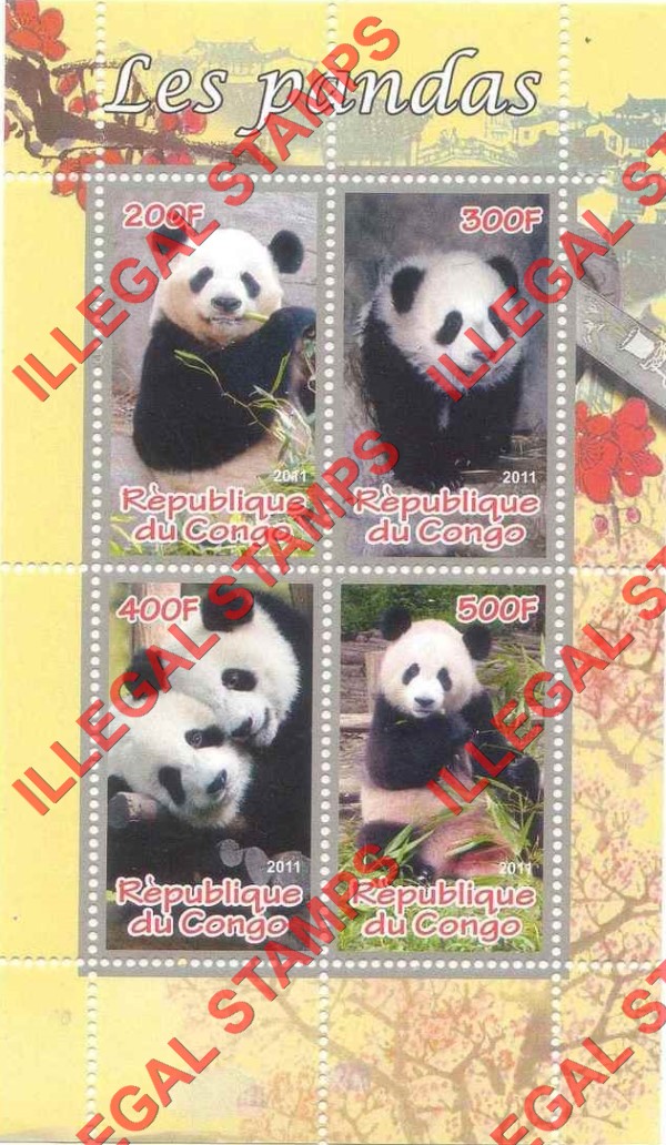 Congo Republic 2011 Pandas Illegal Stamp Souvenir Sheet of 4 Congo Republic 2011 Pandas Illegal Stamp Souvenir Sheet of 4