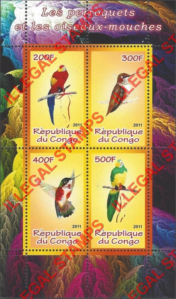 Congo Republic 2011 Parrots and Hummingbirds Illegal Stamp Souvenir Sheet of 4 Congo Republic 2011 Parrots and Hummingbirds Illegal Stamp Souvenir Sheet of 4