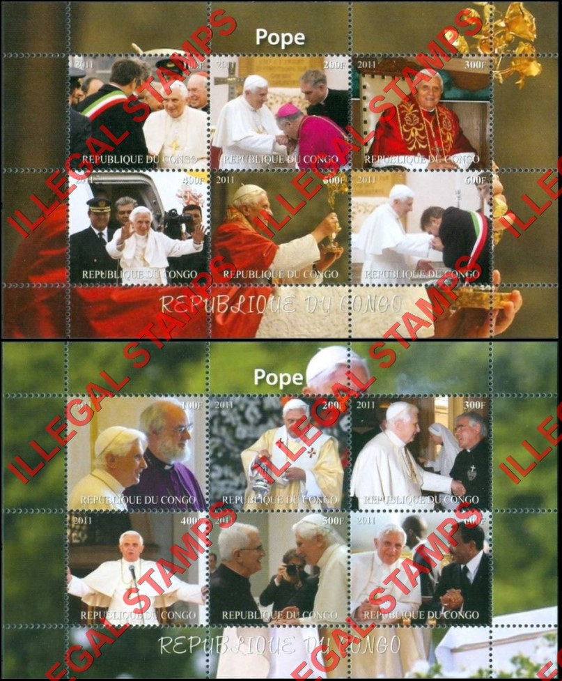 Congo Republic 2011 Popes Illegal Stamp Souvenir Sheets of 6 (Part 1) Congo Republic 2011 Popes Illegal Stamp Souvenir Sheets of 6 (Part 1)