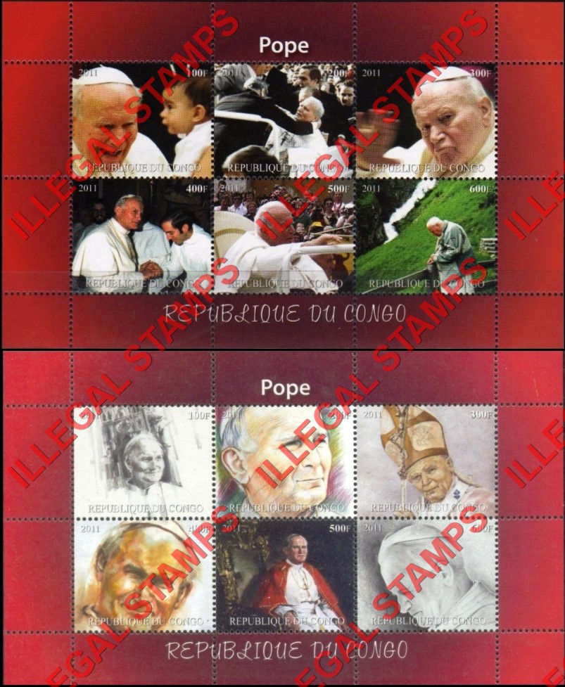 Congo Republic 2011 Popes Illegal Stamp Souvenir Sheets of 6 (Part 2) Congo Republic 2011 Popes Illegal Stamp Souvenir Sheets of 6 (Part 2)