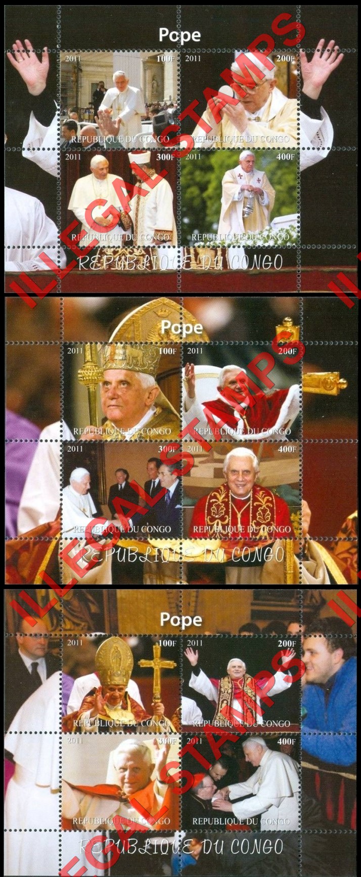 Congo Republic 2011 Popes Illegal Stamp Souvenir Sheets of 4 Congo Republic 2011 Popes Illegal Stamp Souvenir Sheets of 4