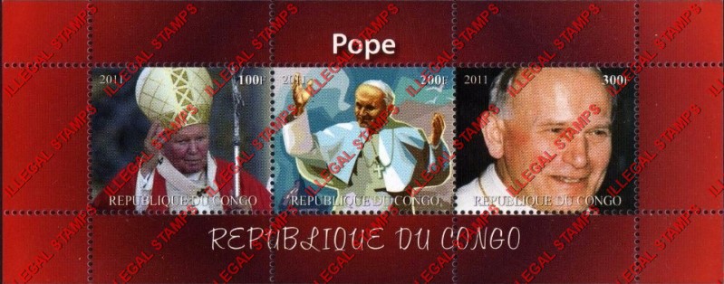 Congo Republic 2011 Popes Illegal Stamp Souvenir Sheet of 3 Congo Republic 2011 Popes Illegal Stamp Souvenir Sheet of 3