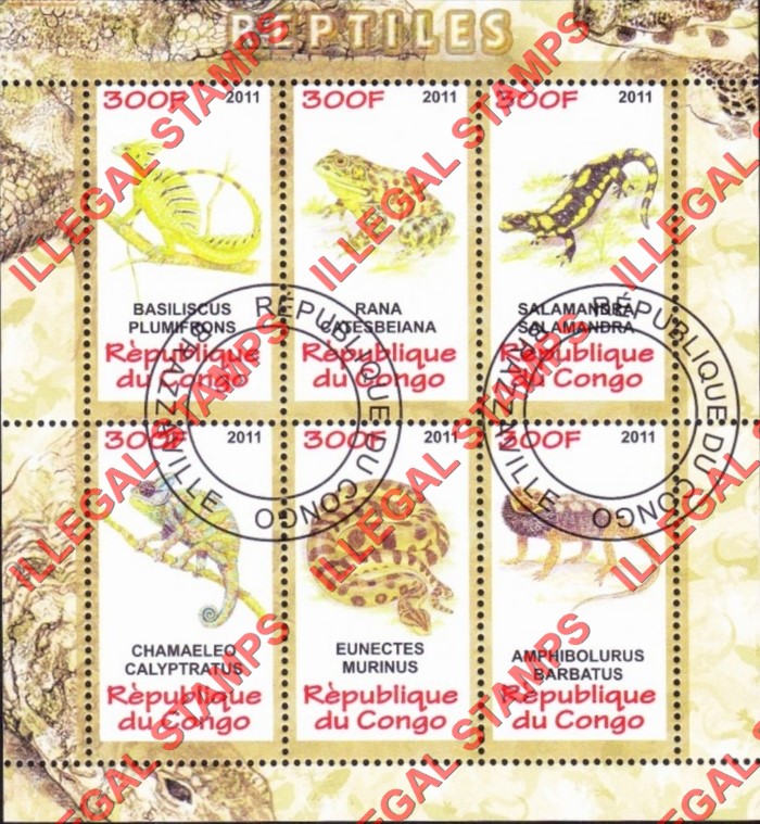 Congo Republic 2011 Reptiles Illegal Stamp Souvenir Sheet of 6 Congo Republic 2011 Reptiles Illegal Stamp Souvenir Sheet of 6