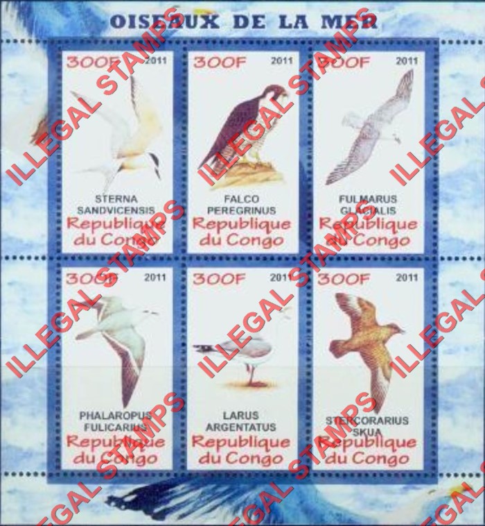 Congo Republic 2011 Sea Birds Illegal Stamp Souvenir Sheet of 6 Congo Republic 2011 Sea Birds Illegal Stamp Souvenir Sheet of 6