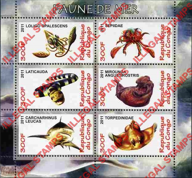 Congo Republic 2011 Sea Life Illegal Stamp Souvenir Sheet of 6 Congo Republic 2011 Sea Life Illegal Stamp Souvenir Sheet of 6