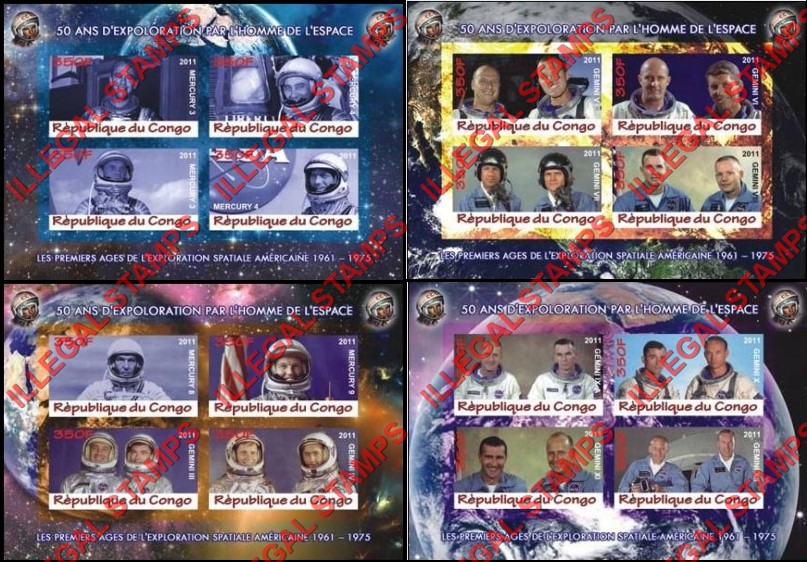 Congo Republic 2011 Space History Illegal Stamp Souvenir Sheets of 4 (Part 1) Congo Republic 2011 Space History Illegal Stamp Souvenir Sheets of 4 (Part 1)