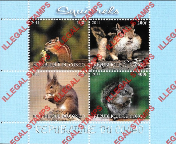 Congo Republic 2011 Squirrels Illegal Stamp Souvenir Sheet of 4 Congo Republic 2011 Squirrels Illegal Stamp Souvenir Sheet of 4
