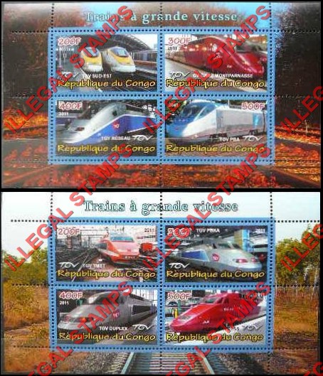 Congo Republic 2011 High Speed Trains Illegal Stamp Souvenir Sheets of 4 Congo Republic 2011 High Speed Trains Illegal Stamp Souvenir Sheets of 4