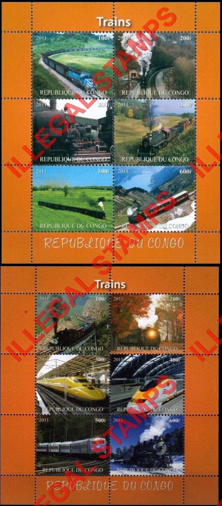 Congo Republic 2011 Trains Illegal Stamp Souvenir Sheets of 6 Congo Republic 2011 Trains Illegal Stamp Souvenir Sheets of 6
