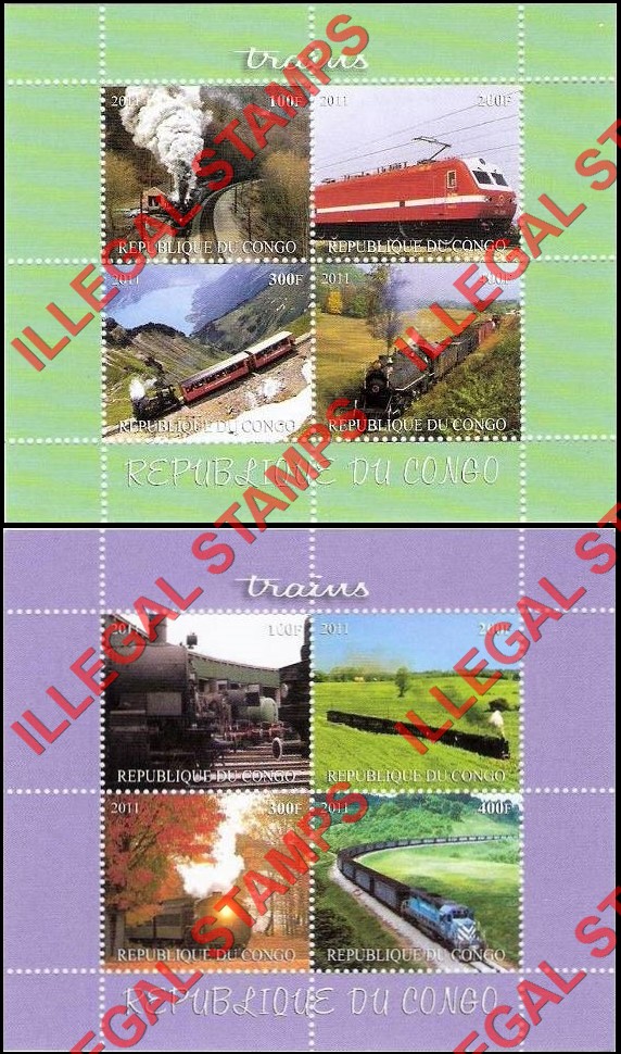 Congo Republic 2011 Trains Illegal Stamp Souvenir Sheets of 4 (Part 1) Congo Republic 2011 Trains Illegal Stamp Souvenir Sheets of 4 (Part 1)