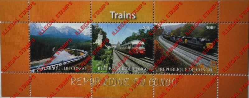Congo Republic 2011 Trains Illegal Stamp Souvenir Sheet of 3 Congo Republic 2011 Trains Illegal Stamp Souvenir Sheet of 3
