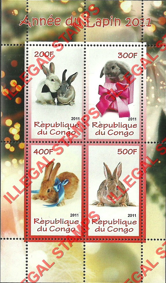 Congo Republic 2011 Year of the Rabbit Illegal Stamp Souvenir Sheet of 4 Congo Republic 2011 Year of the Rabbit Illegal Stamp Souvenir Sheet of 4