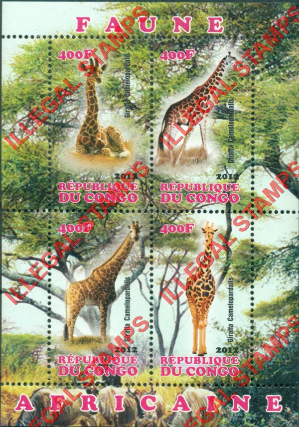 Congo Republic 2012 African Fauna Giraffes Illegal Stamp Souvenir Sheet of 4 Congo Republic 2012 African Fauna Giraffes Illegal Stamp Souvenir Sheet of 4