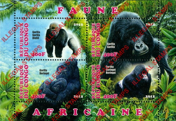Congo Republic 2012 African Fauna Gorillas Illegal Stamp Souvenir Sheet of 4 Congo Republic 2012 African Fauna Gorillas Illegal Stamp Souvenir Sheet of 4