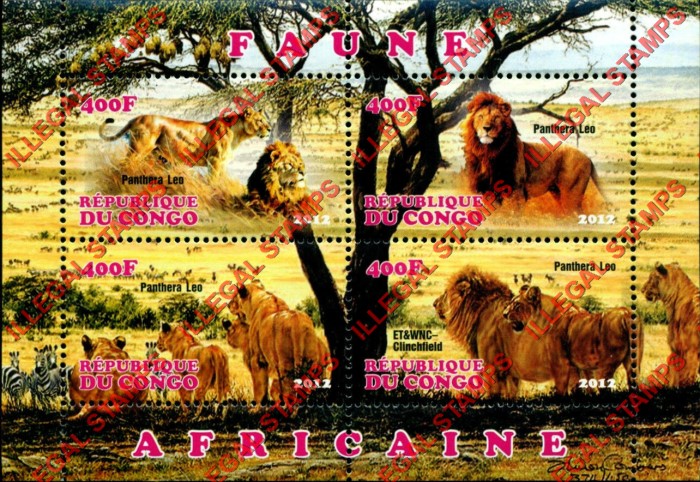 Congo Republic 2012 African Fauna Lions Illegal Stamp Souvenir Sheet of 4 Congo Republic 2012 African Fauna Lions Illegal Stamp Souvenir Sheet of 4