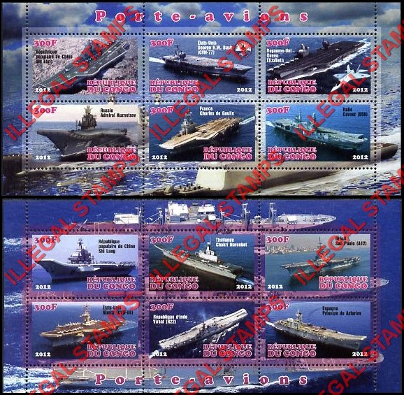 Congo Republic 2012 Aircraft Carriers Illegal Stamp Souvenir Sheets of 6 Congo Republic 2012 Aircraft Carriers Illegal Stamp Souvenir Sheets of 6