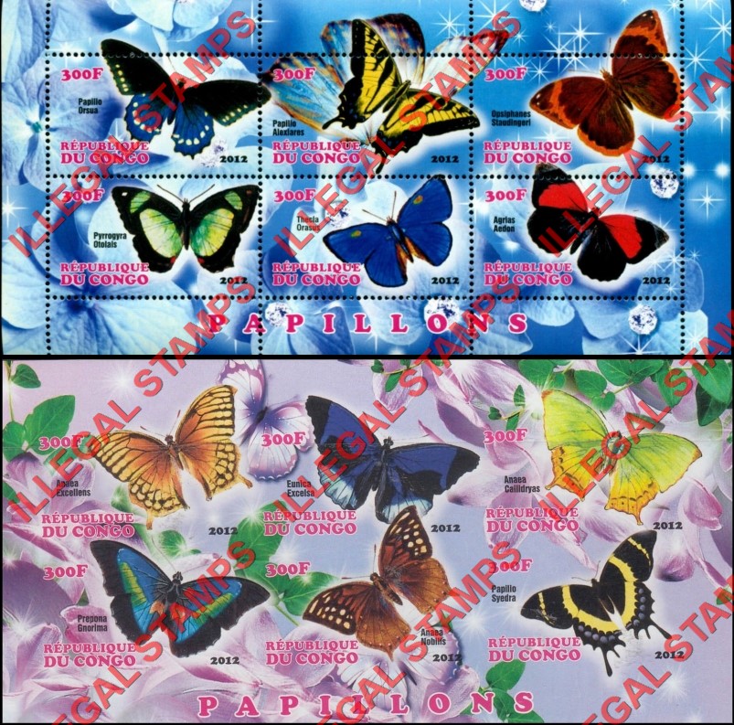 Congo Republic 2012 Butterflies Illegal Stamp Souvenir Sheets of 6 Congo Republic 2012 Butterflies Illegal Stamp Souvenir Sheets of 6