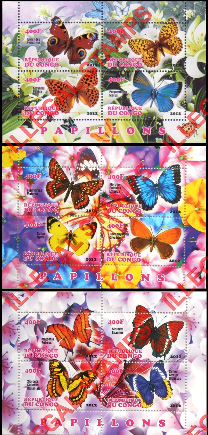 Congo Republic 2012 Butterflies Illegal Stamp Souvenir Sheets of 4 Congo Republic 2012 Butterflies Illegal Stamp Souvenir Sheets of 4